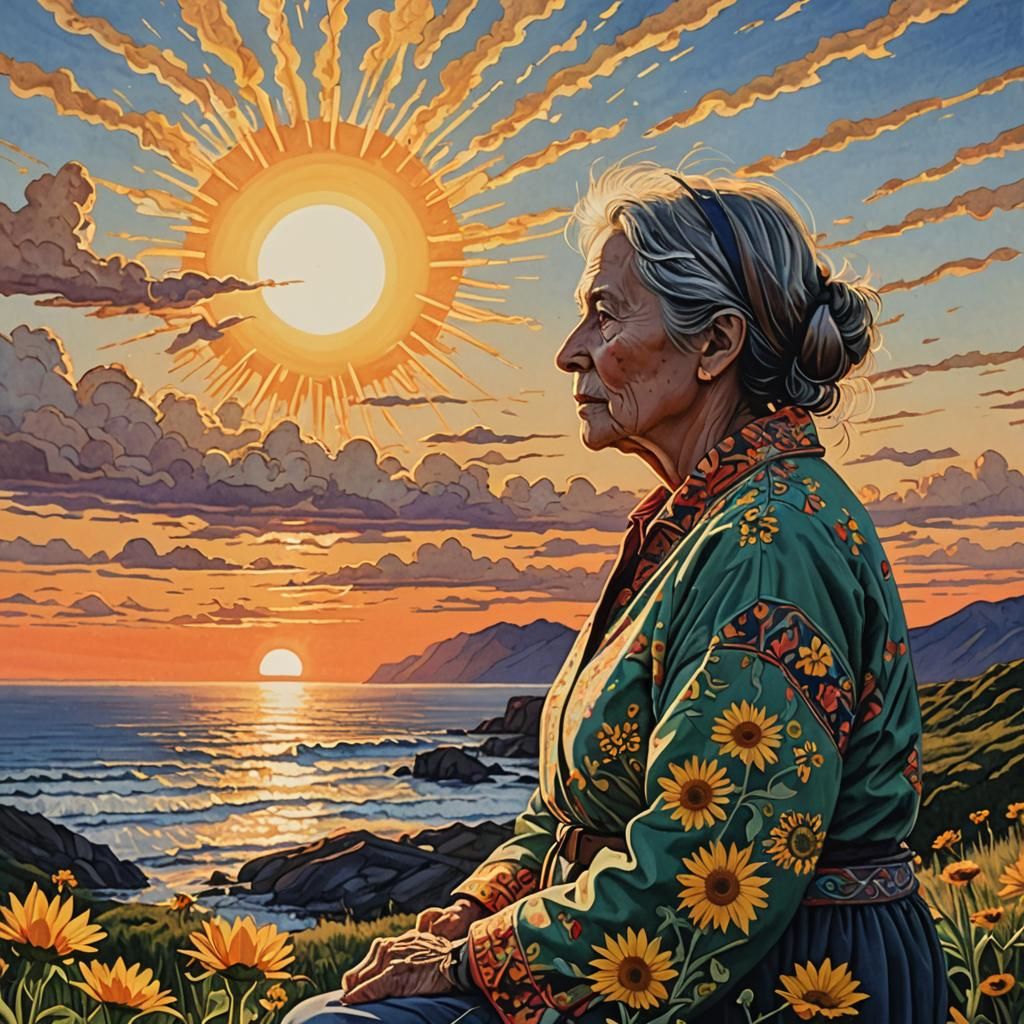 Woman Watches Sunrise in Detailed Gouache Style