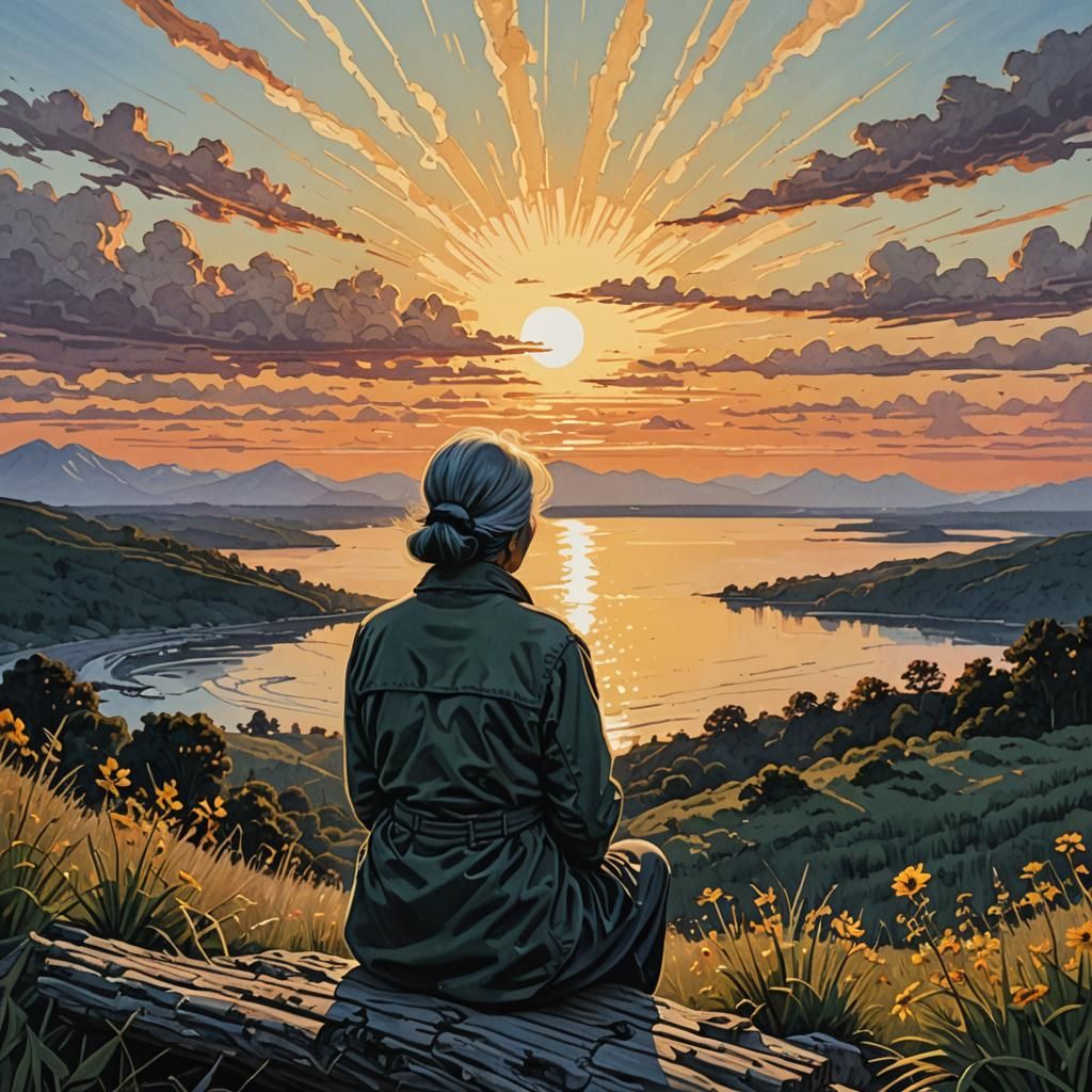 Woman Watches Sunrise: Gouache Hyperdetailed Digital Art