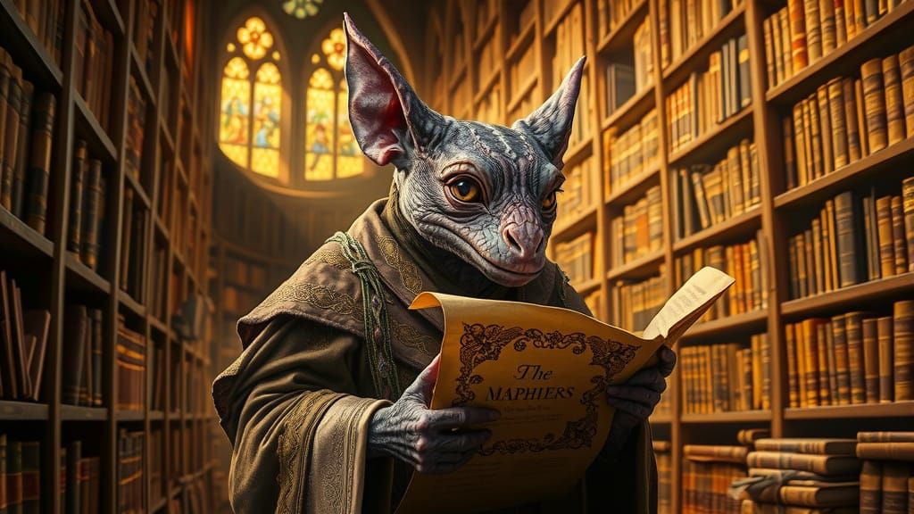 Majestic Purple-Scaled Kobold Librarian in Medieval Library,...