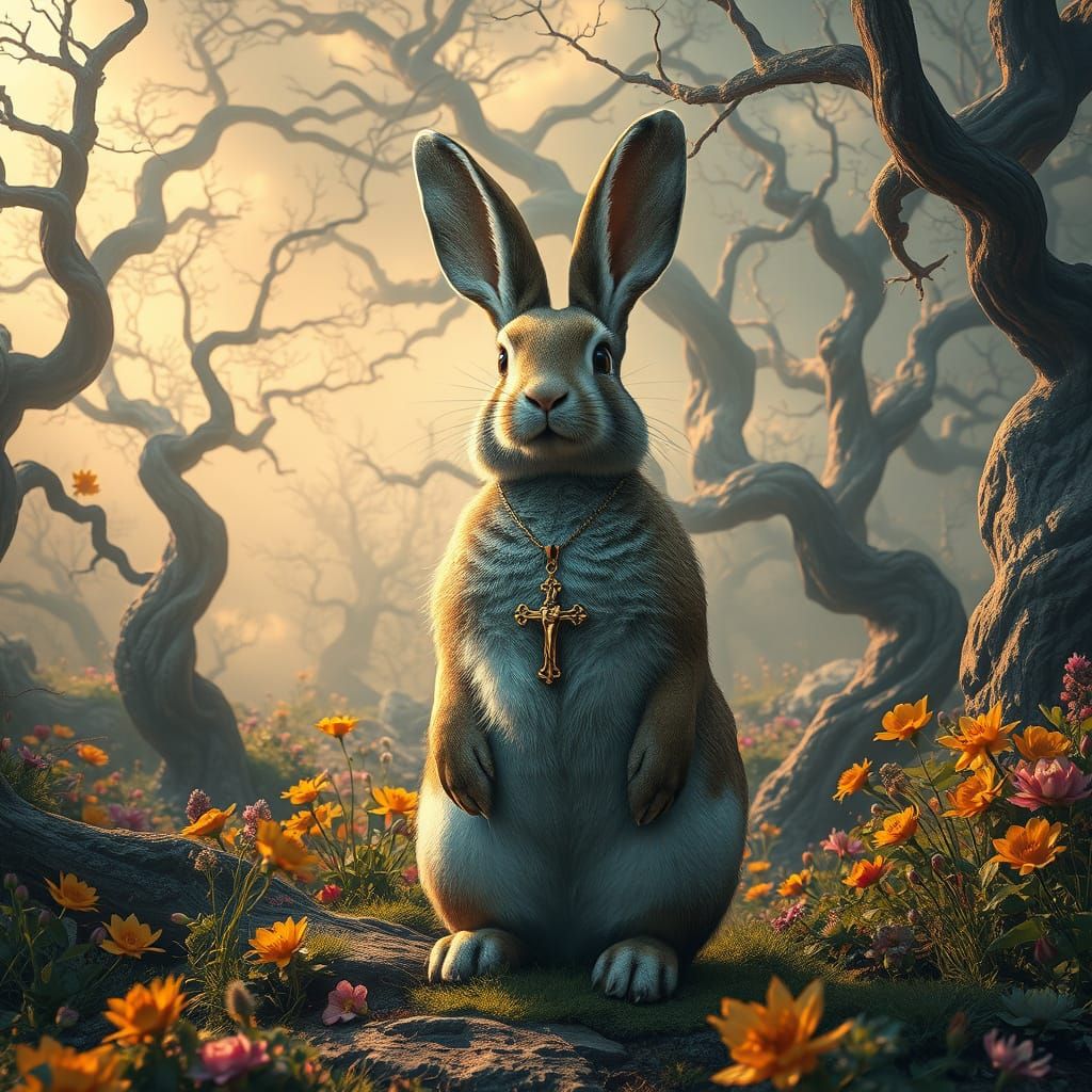 Majestic Easter Bunny Amidst Golden Landscape