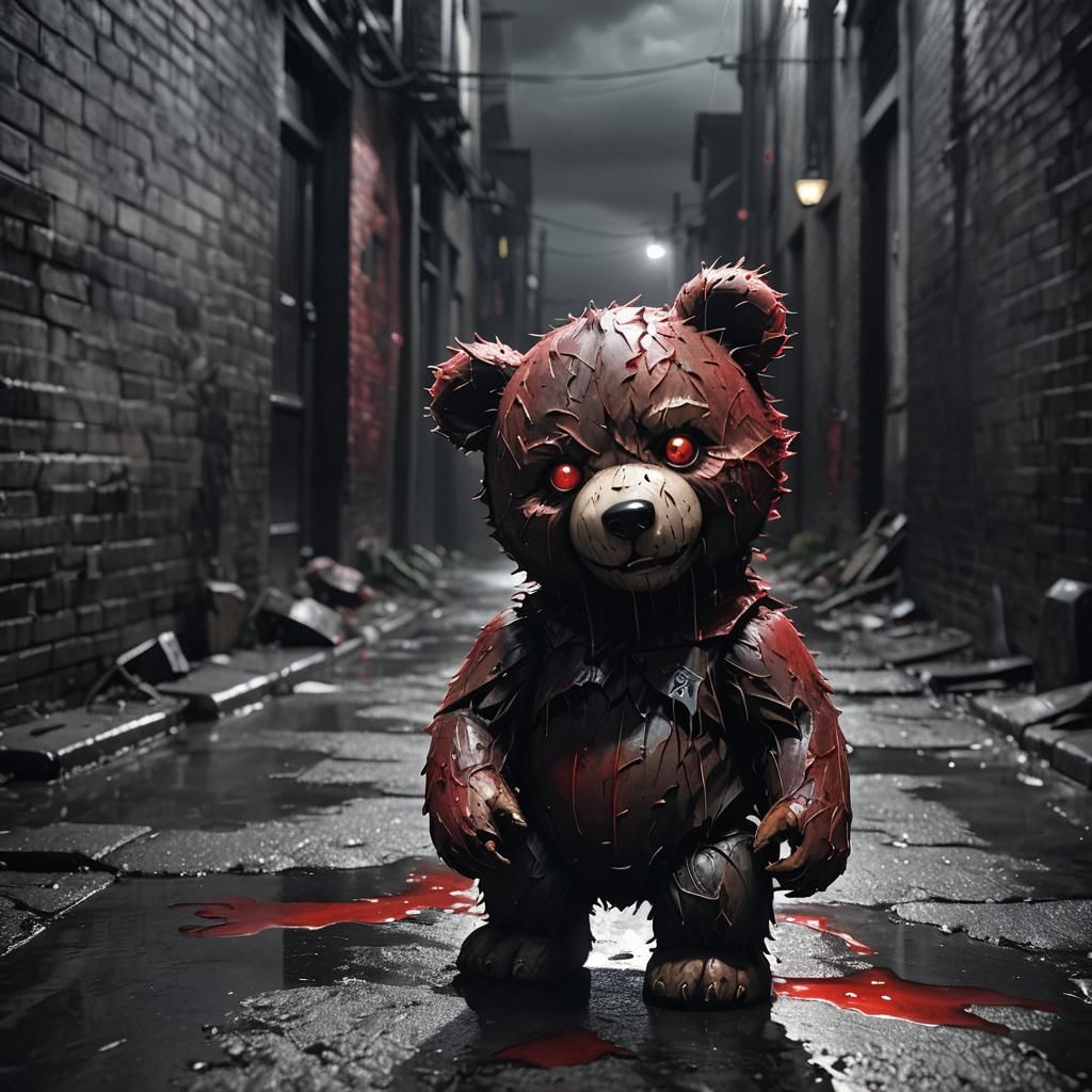 Nightmare Teddy Bear in Dark Alley: Hyperrealistic Art