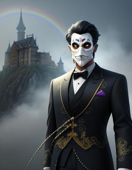 3d shading picture perfect illustration closeup of a men  in a tuxedo wearing a Chinese ornate rainbow pastel mask in fr...