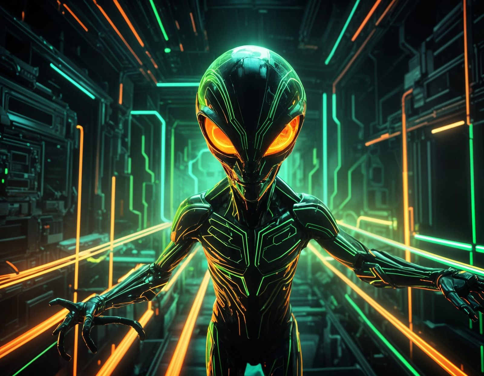 Alien in Neon Concept Art with Glowing Lines