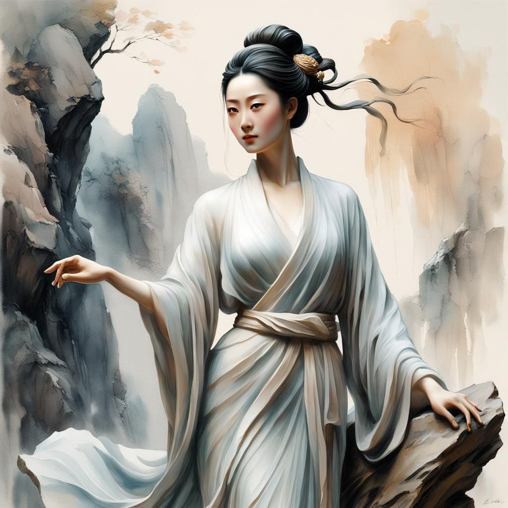 Lady in Flowing Robes Sculpture, Luo Li Rong Style