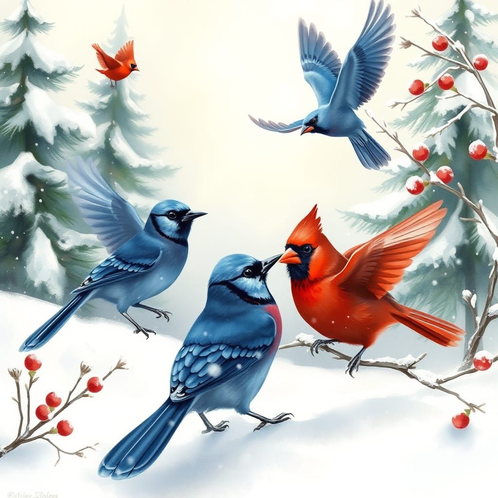 Whimsical Winter Wonderland with Iridescent Blue Jays and Ca...