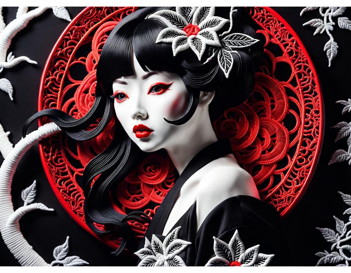 Japanese Ceramic Embroidery Nightmare in Double Exposure Art