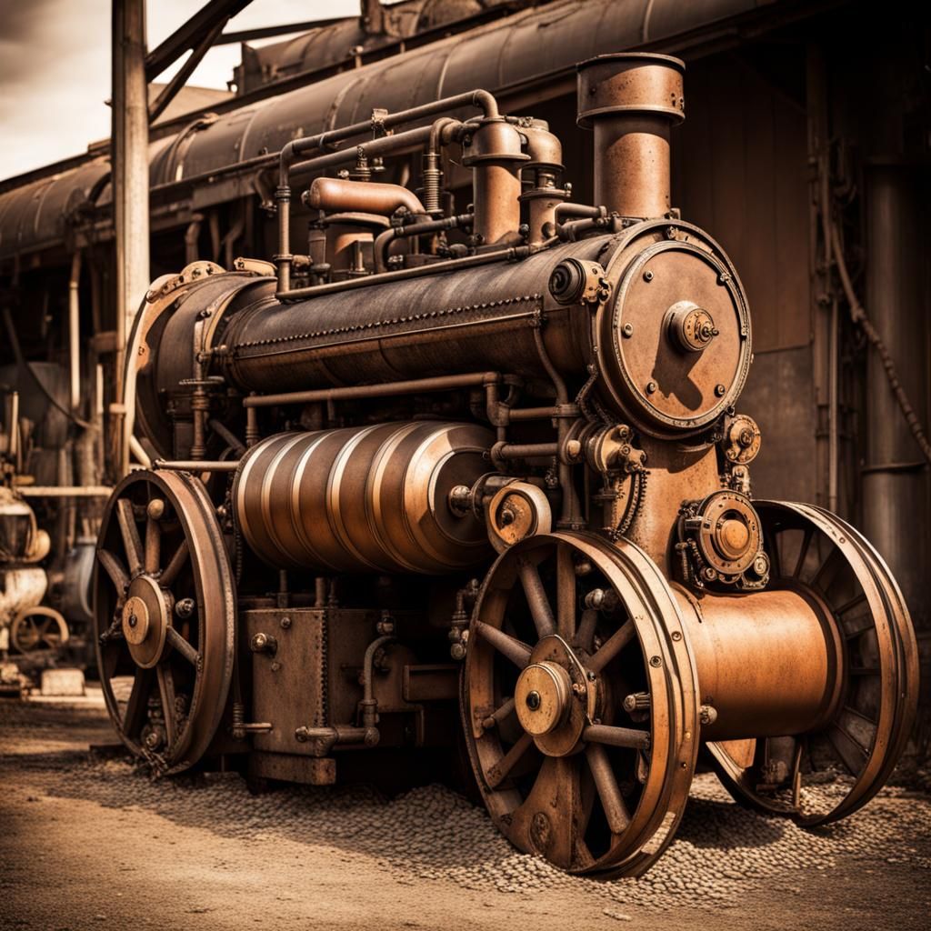 Dusty Broken Steampunk Engine in Old Machinery