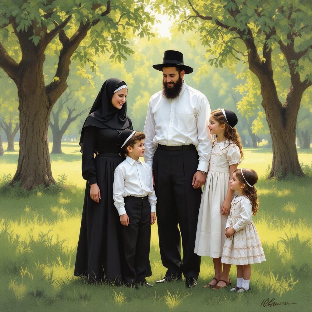 Orthodox Family Together in Park, Detailed Realism
