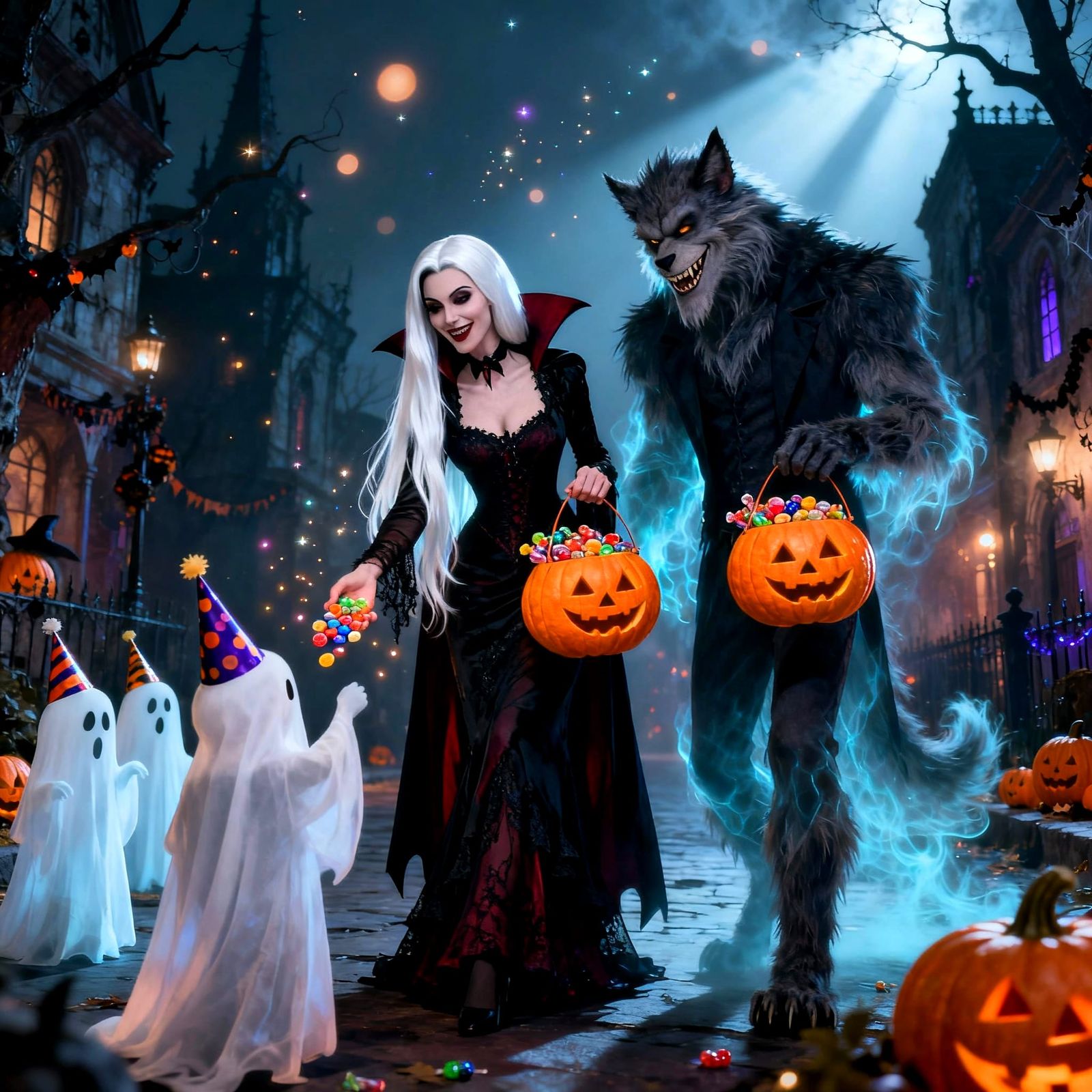 Gothic Halloween Birthday Scene with Vampire and Werewolf