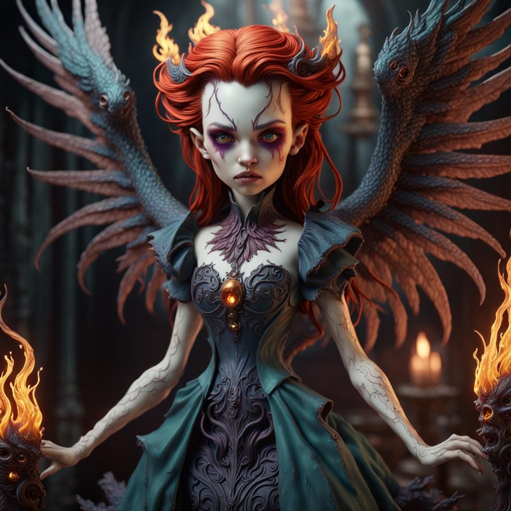 Demonic Eldritch Phoenix Porcelain Doll: Detailed Art