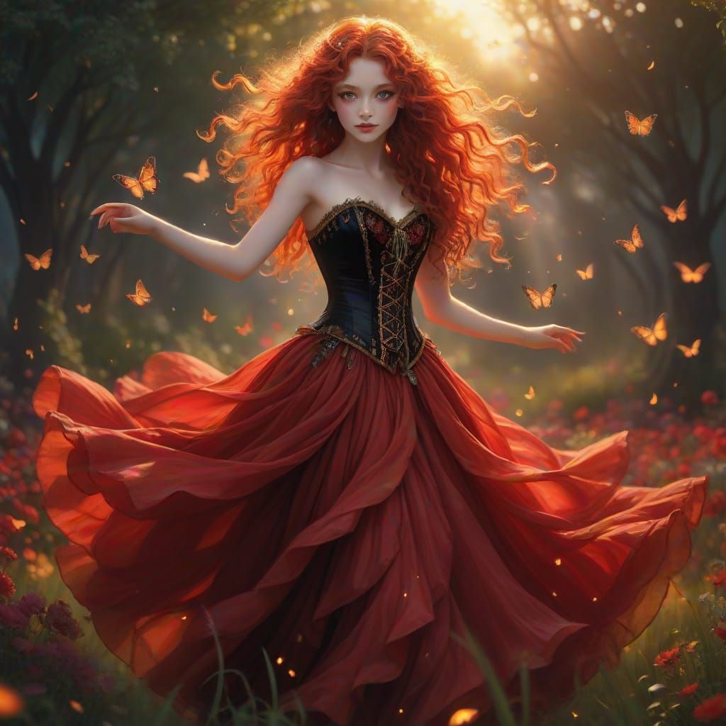 Fiery Mage Dances in Moonlit Garden: Anime Realism