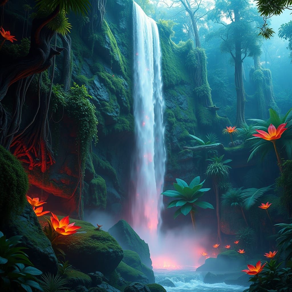 Enchanted Rainforest Waterfall in Vibrant, Hyper-Realistic S...