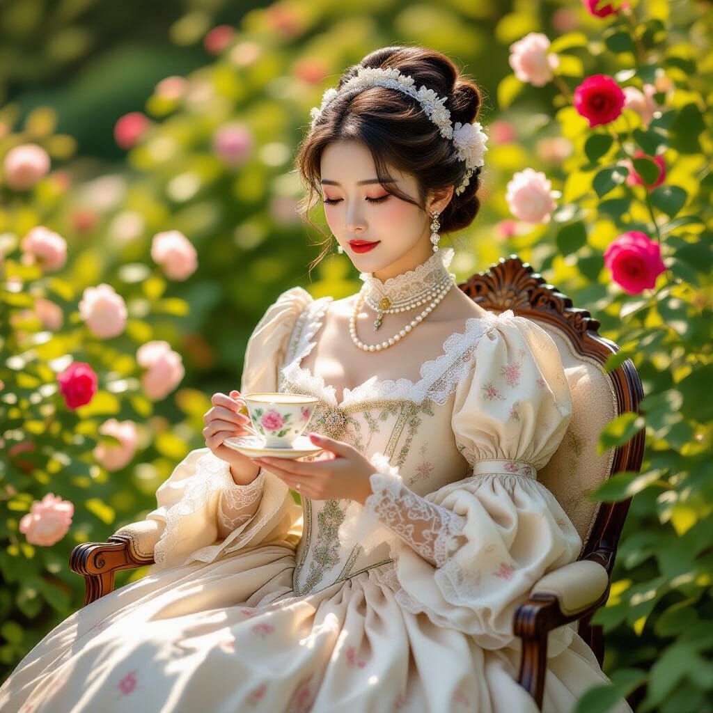 Korean Woman in Victorian Gown with Teacup in Rose Garden