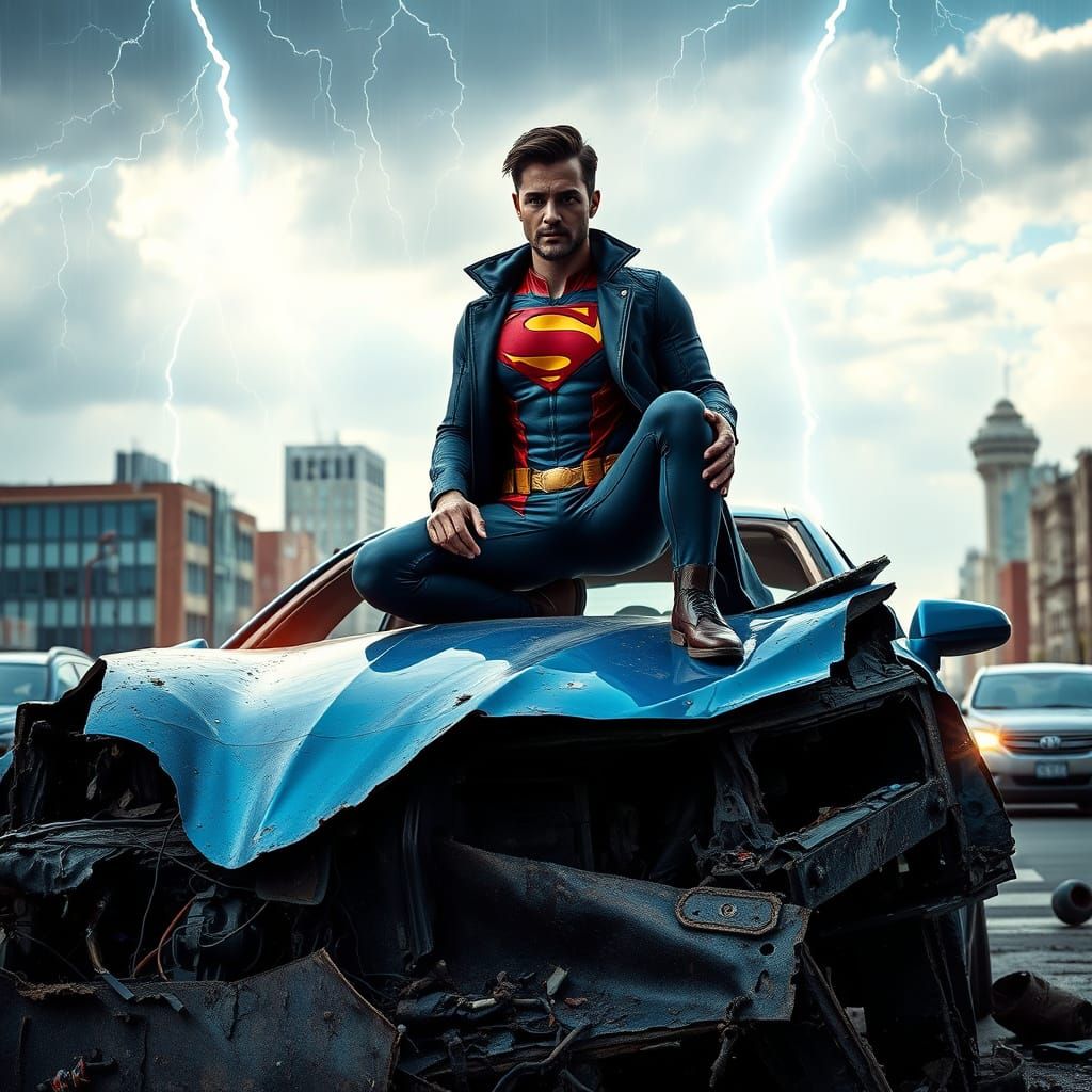 Mister Terrific Stands on Destroyed Car Amidst City Storm