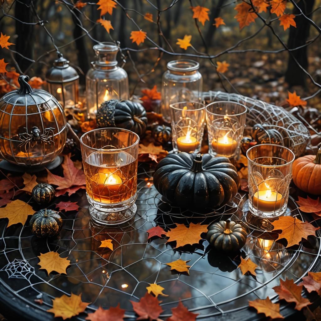 Surreal Autumn Dreamscape with Halloween Decorations