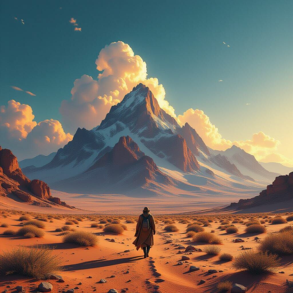 Man Walks Uphill Desert Towards Illuminated Mountain