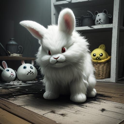 Creepy Bunny Toy with Menacing Grin in Dark Fantasy Style