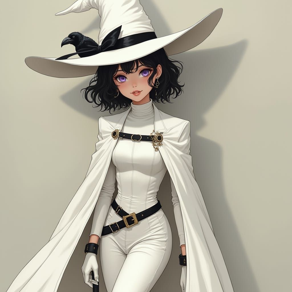 Teenage Girl in White Cape and Sopak Hat in Mysterious Style