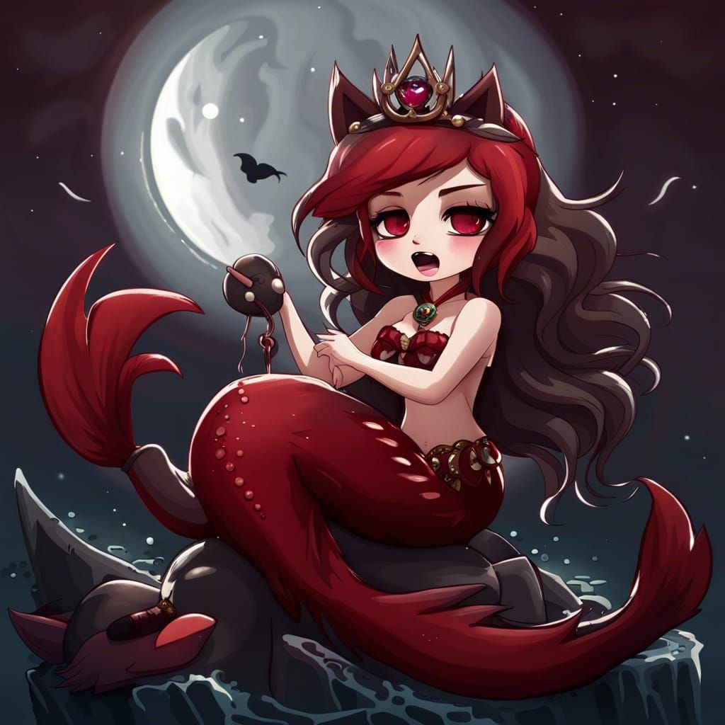 Chibi Wolf Mermaid Siren Singing at Night