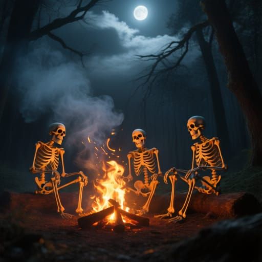 Skeletons Share Cigarette Around Campfire in Eerie Forest