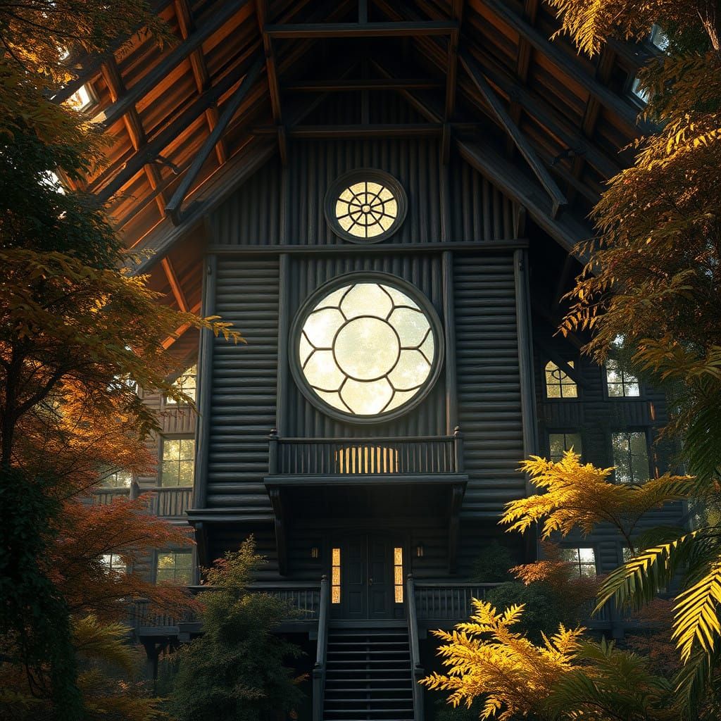 Ancient Wooden Abode with Celestial Glass Portal
