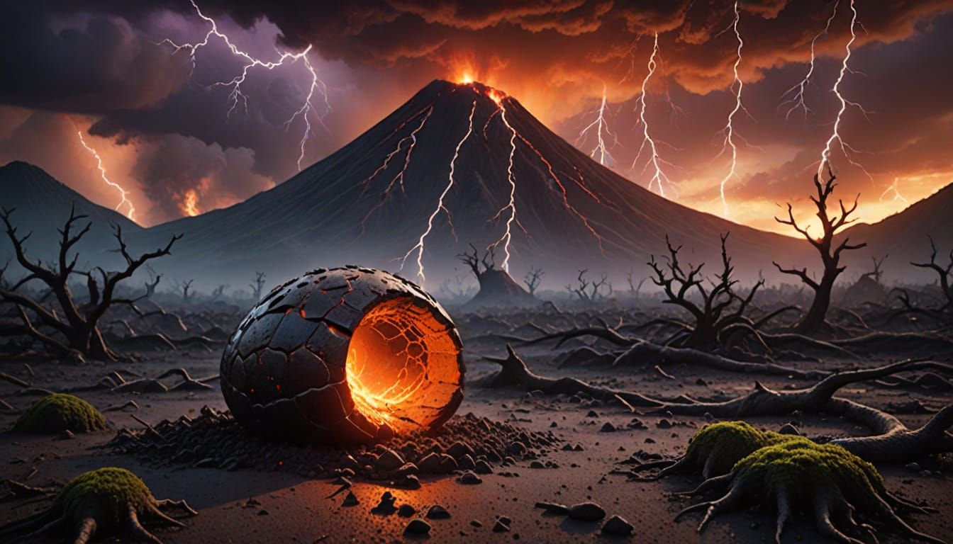 Dramatic Hatching Dinosaur Egg in Apocalyptic Landscape