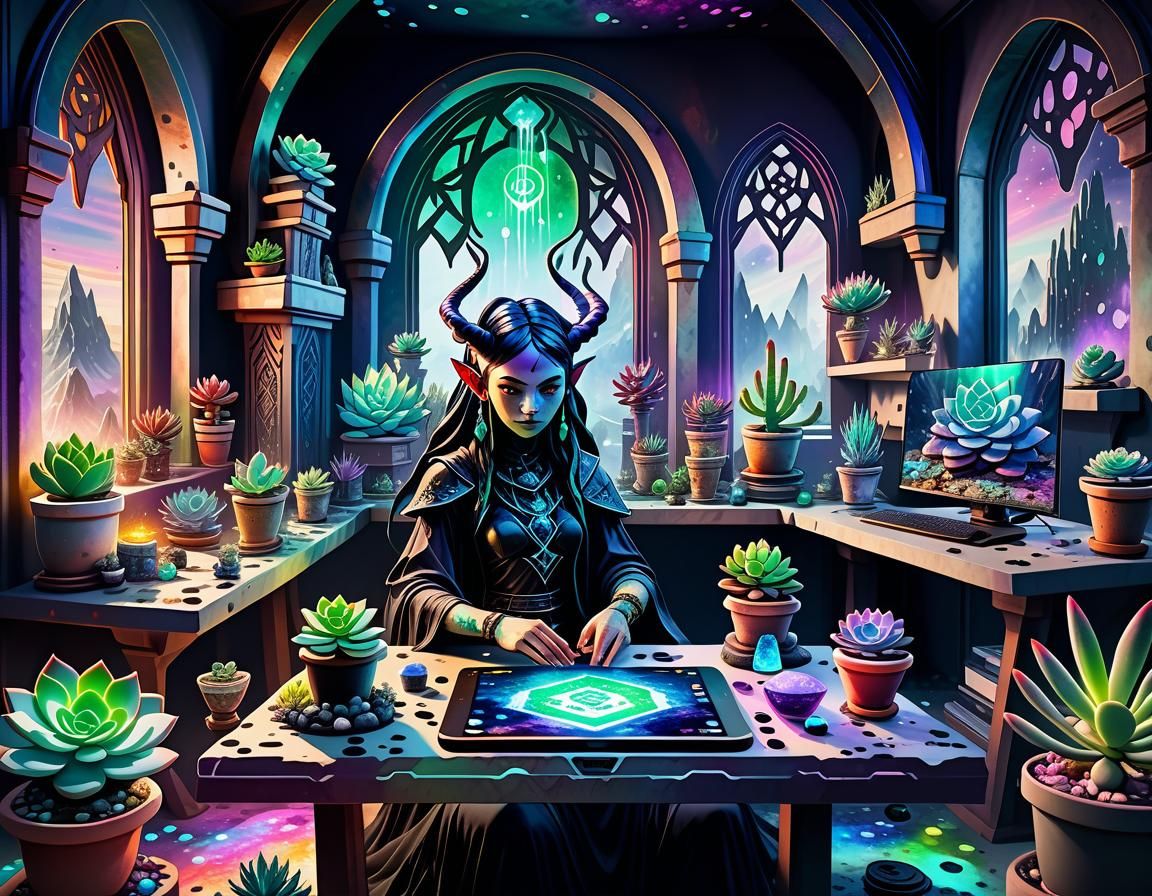 Gothic Demoness Gaming Setup in Watercolor Style