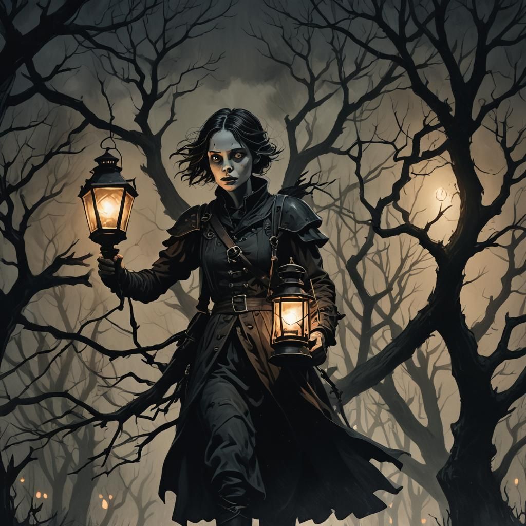 Eerie Piper in Dark Gothic Horror Landscape