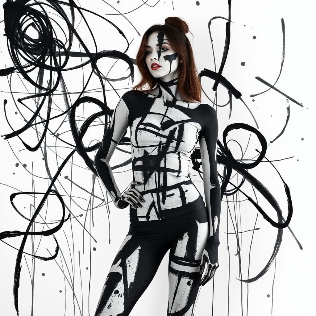 Monochrome Abstract: Woman in Painted Sketch Art