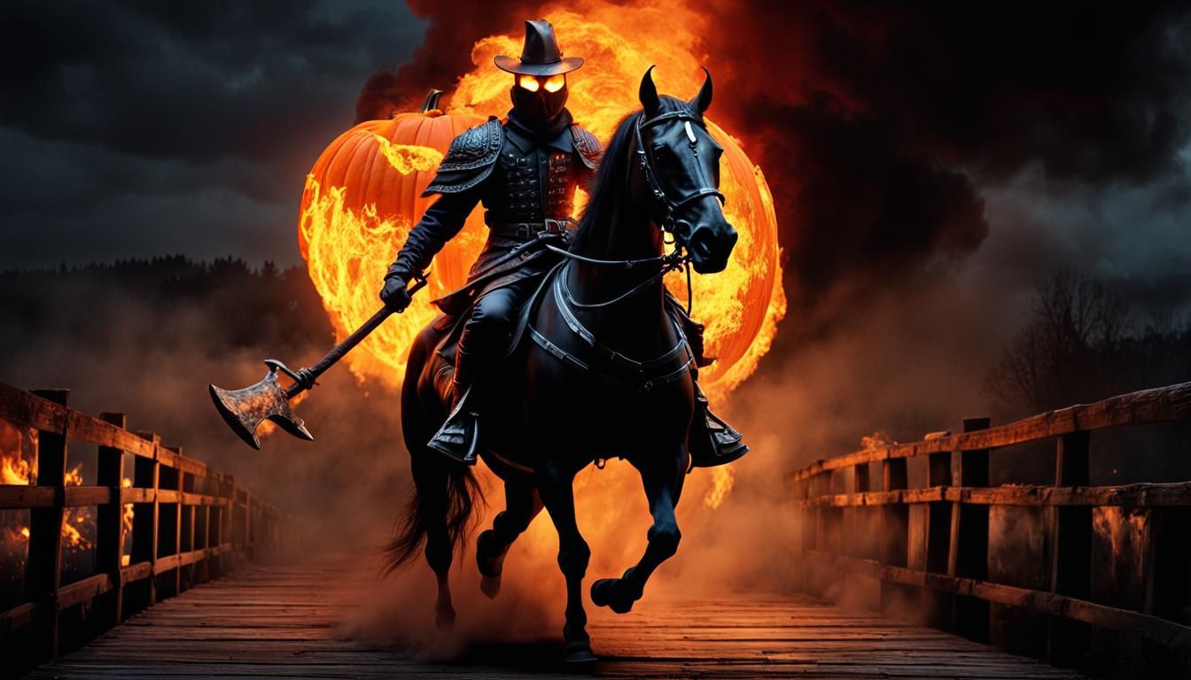 Headless Horseman with Flaming Pumpkin Mask on Undead Steed