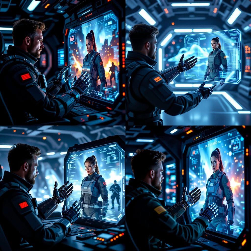 Man with Terminator Hand Interacts with Holographic Soldier ...
