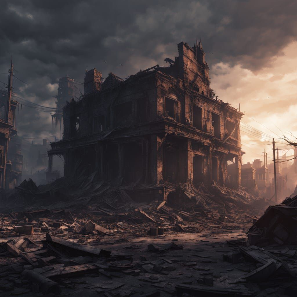 Red-Haired Girl Amidst Post-Apocalyptic Ruins in Dark Fantas...