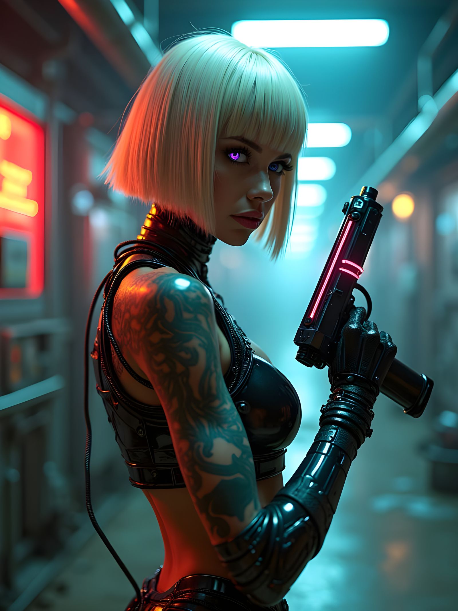 Cyborg Woman with Energy Pistol in Neon Industrial Lab