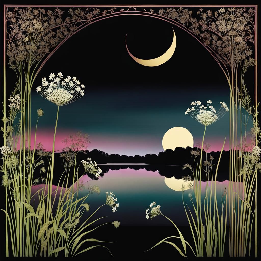 Moonlit River Scene in Black-Rose and Honeysuckle
