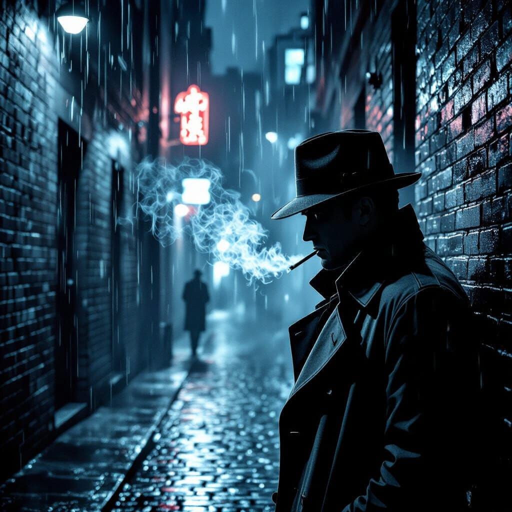 Noir Detective in Rainy Midnight Alleyway