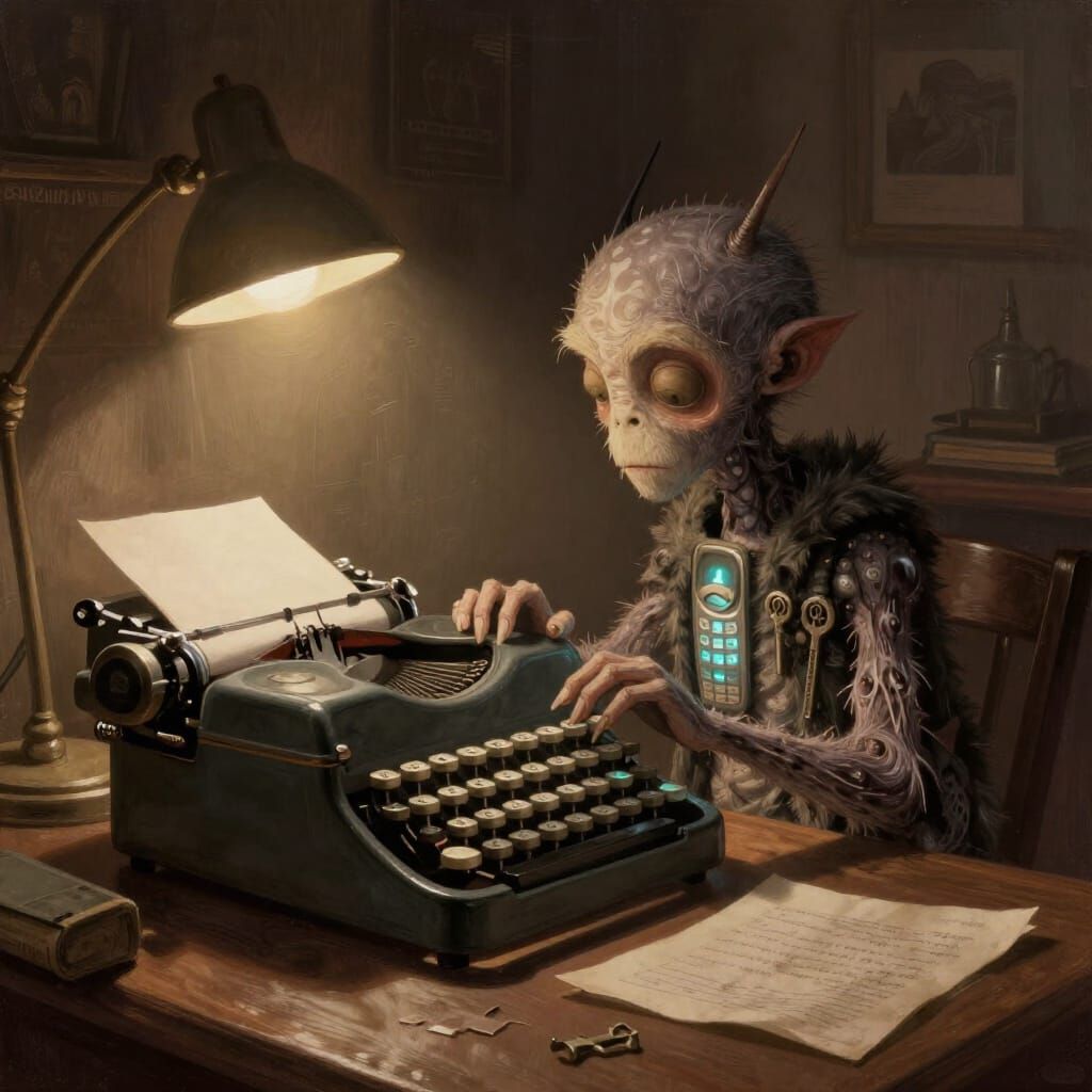 Whimsical Cell Phone Creature Typing on Typewriter