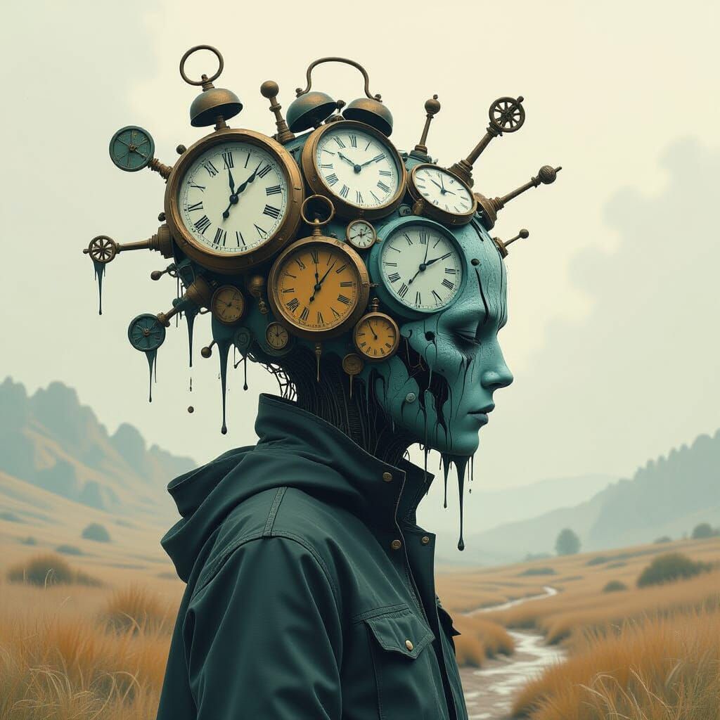 Surreal Figure With Melting Clocks In Abstract Landscape