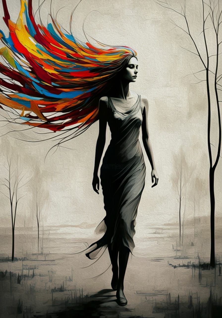 Ethereal Female Figure in Vibrant, Abstract Landscape