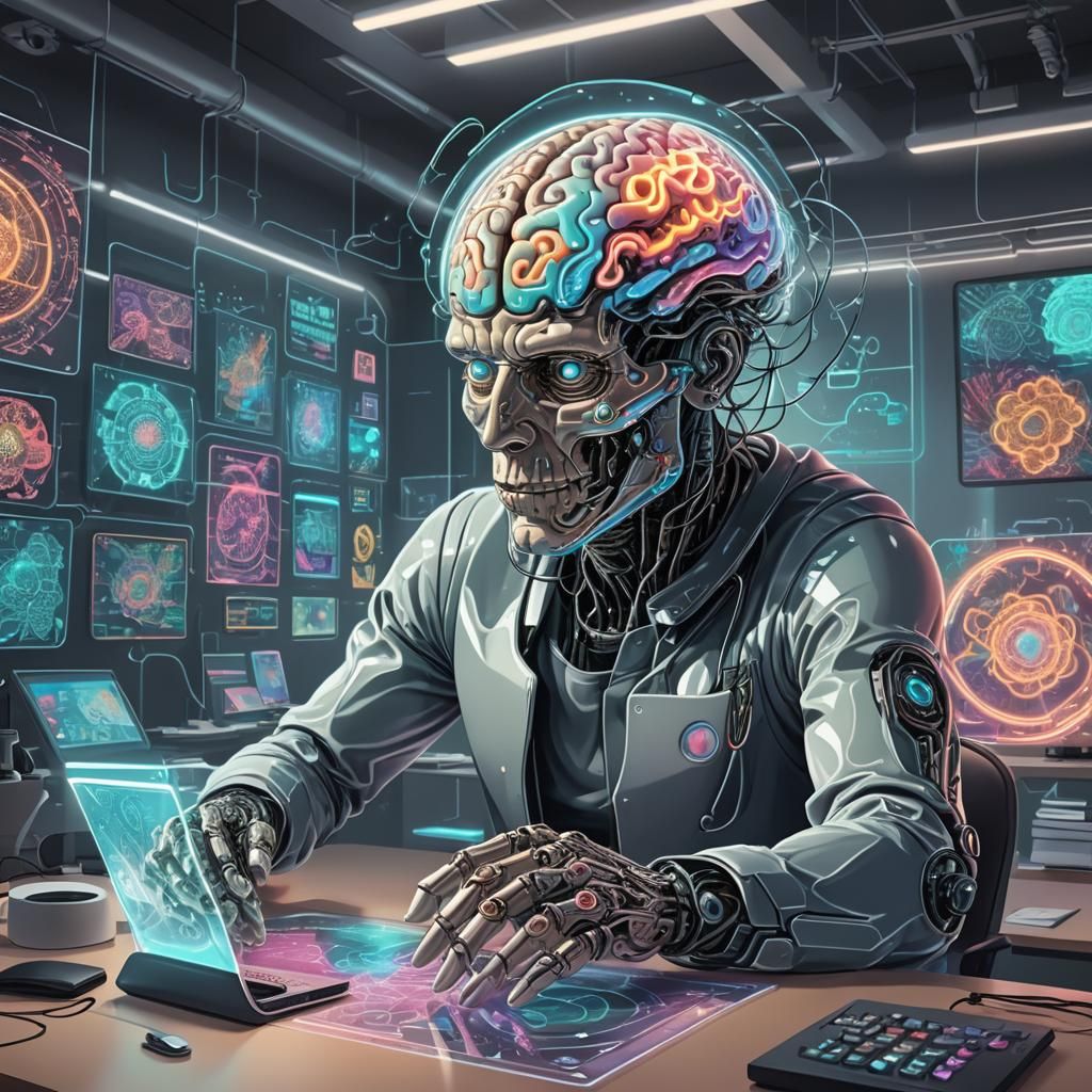 Brain in a Jar Working in Futuristic Office