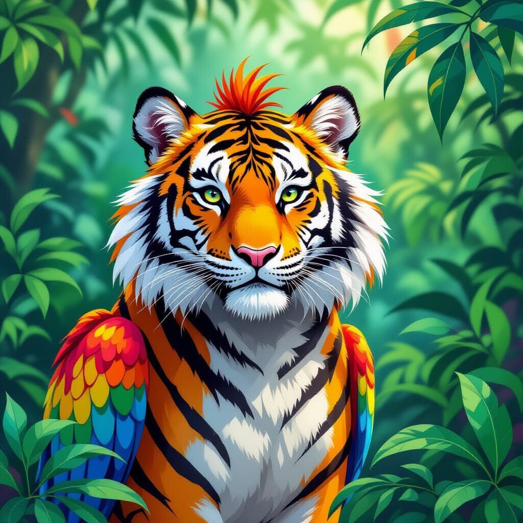 Kaleidoscopic Tiger-Parrot Hybrid in Surreal Jungle Art