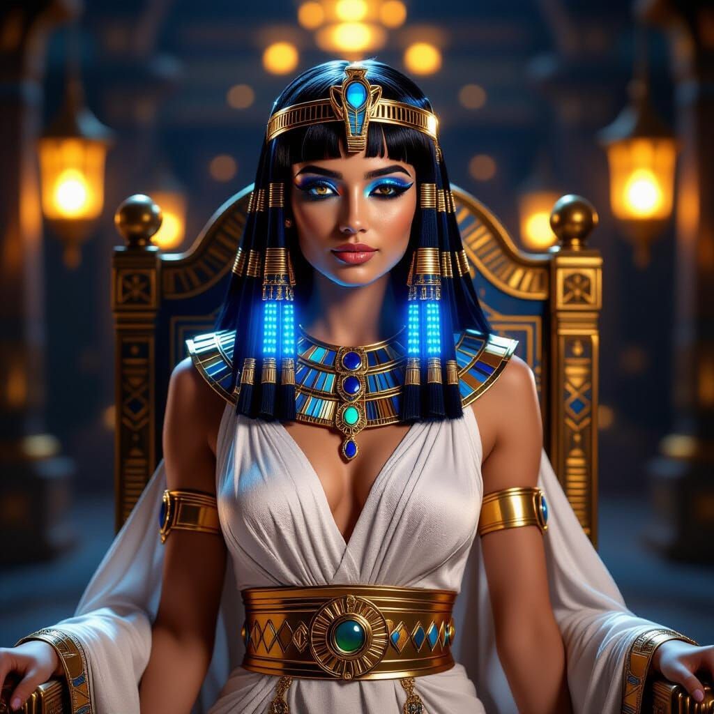 Blue Cleopatra in Egyptian Throne Room: Digital Painting