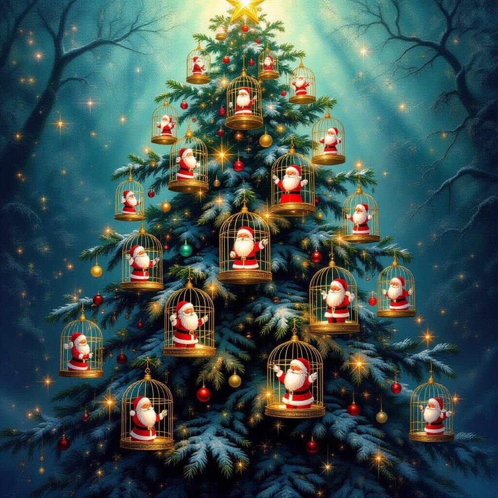 Ethereal Cosmic Christmas Tree with Spinning Santa Ornaments