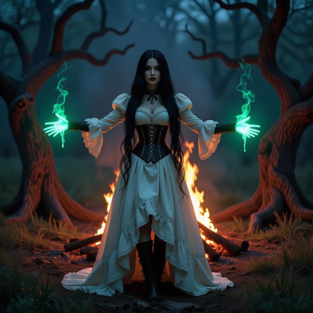 Gothic Woman in Bonfire Clearing with Green Light