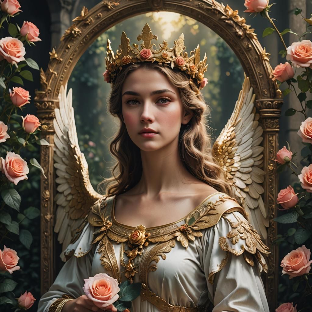 Realistic Angel with Golden Crown and Roses