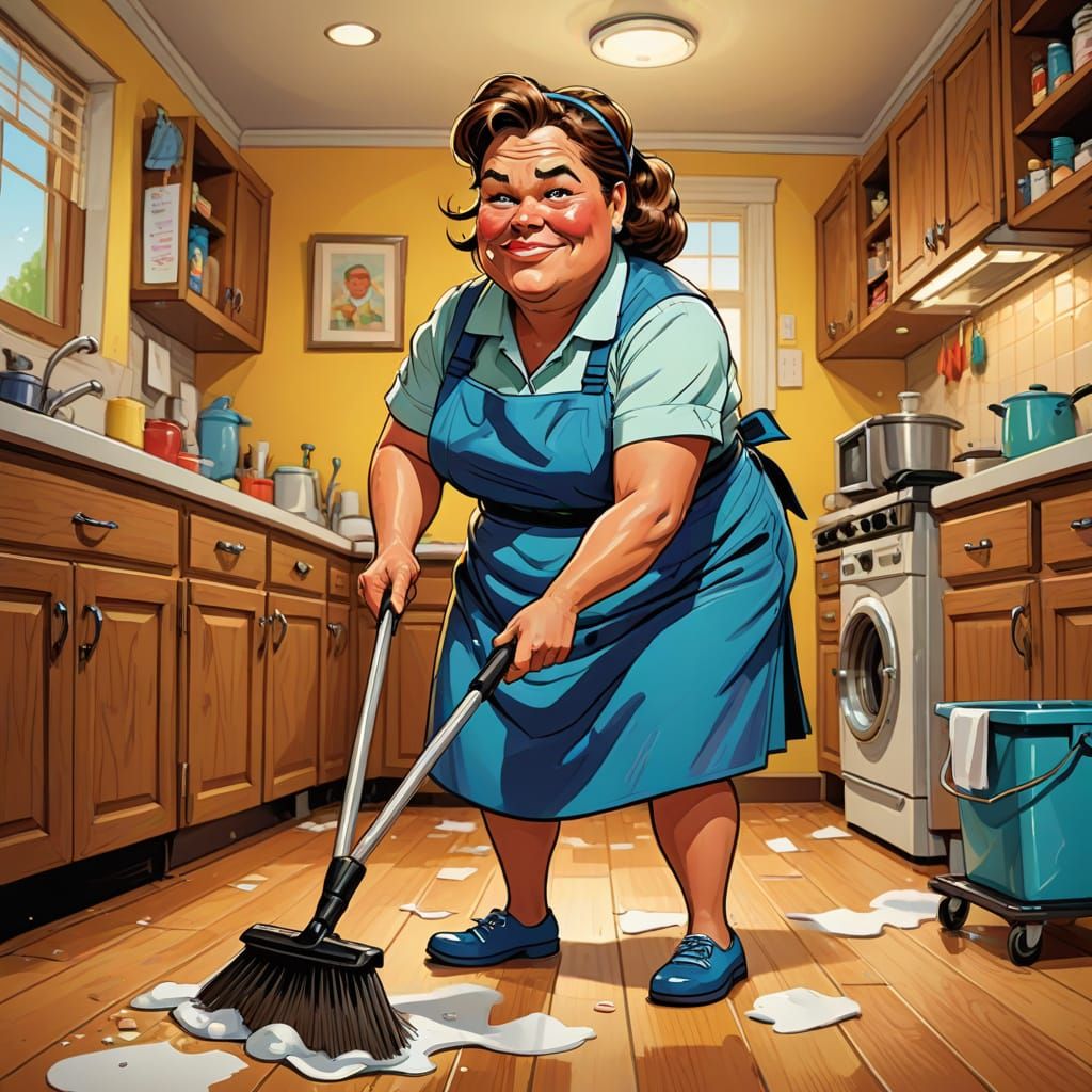 Humorous Caricature of Cleaning Lady with Exaggerated Featur...