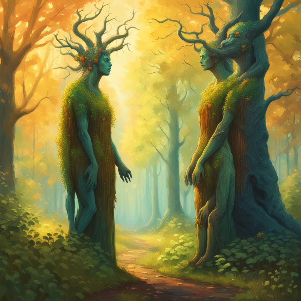 Twin Dryads in Golden Forest Light