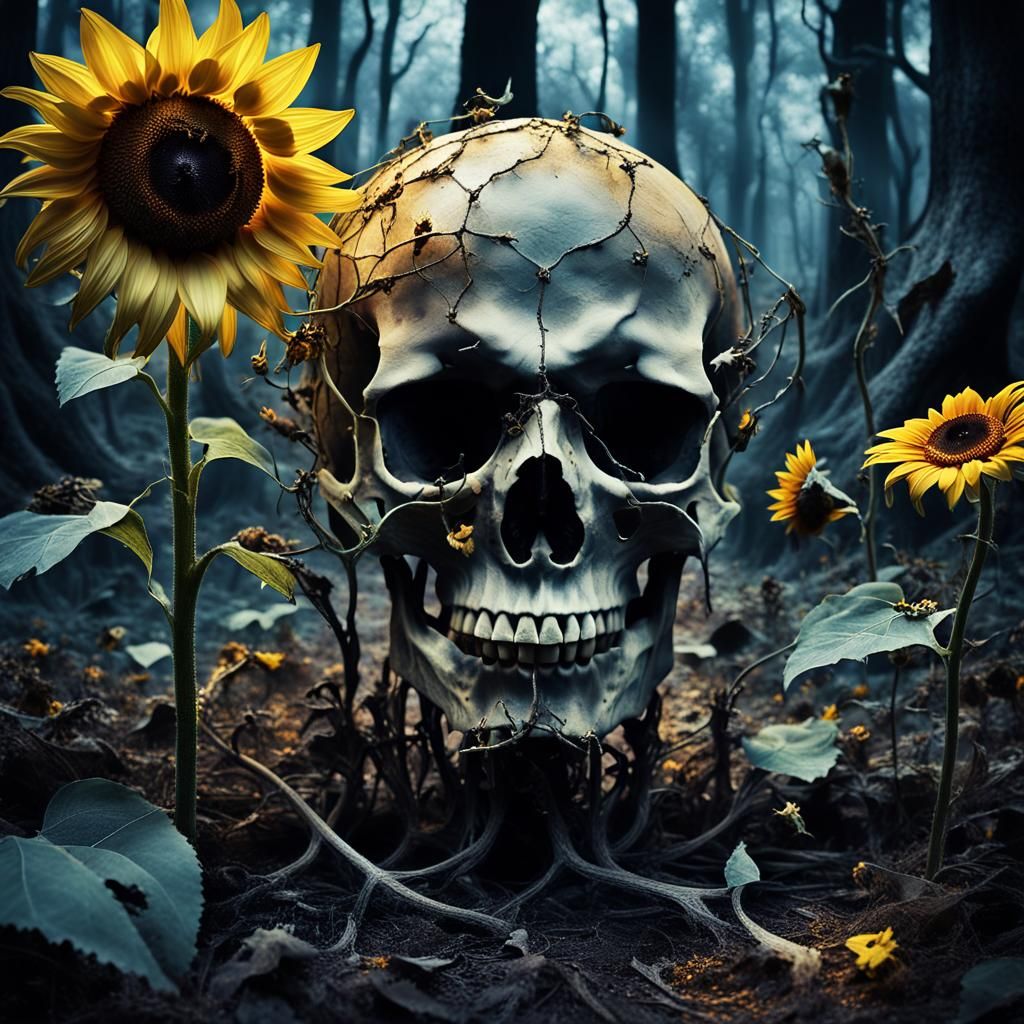 Surreal Sunflower Skull Fusion in Dark Forest