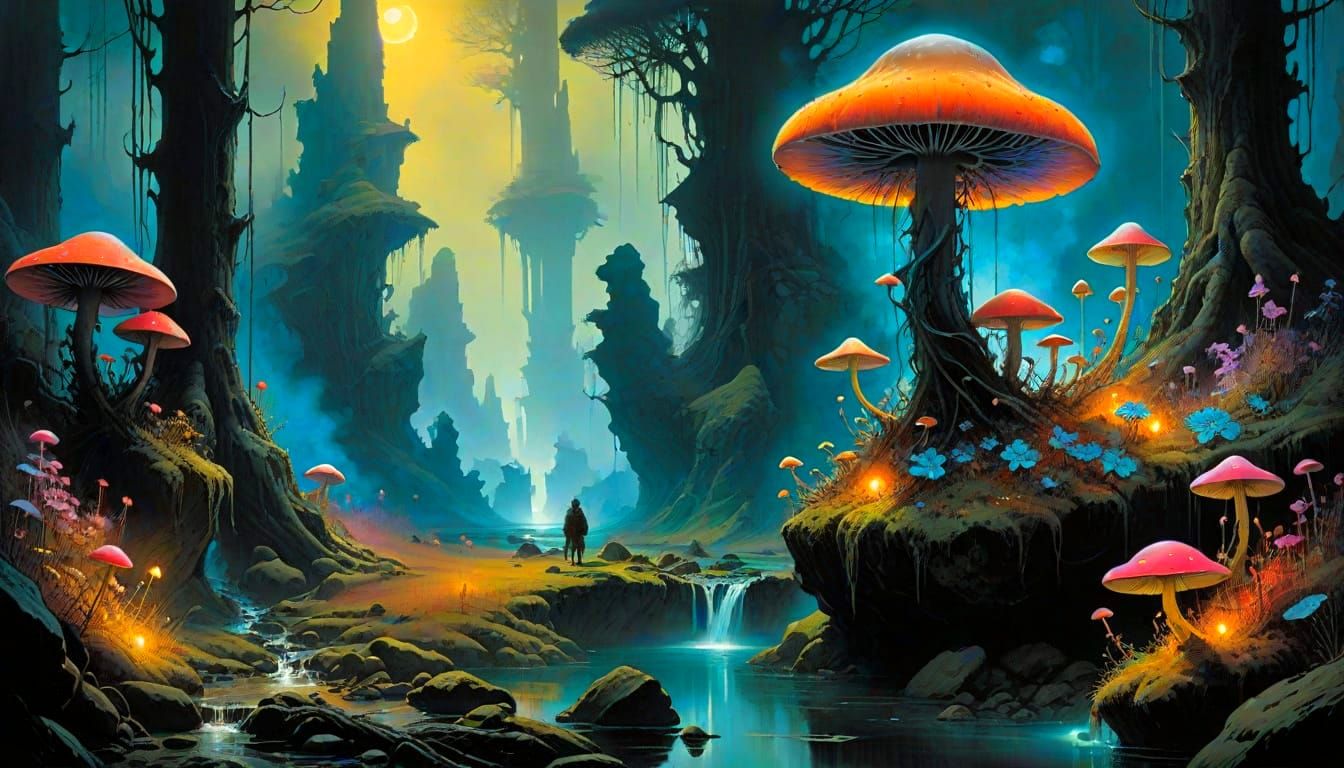 Surreal Bioluminescent Landscape with Towering Mushrooms and...