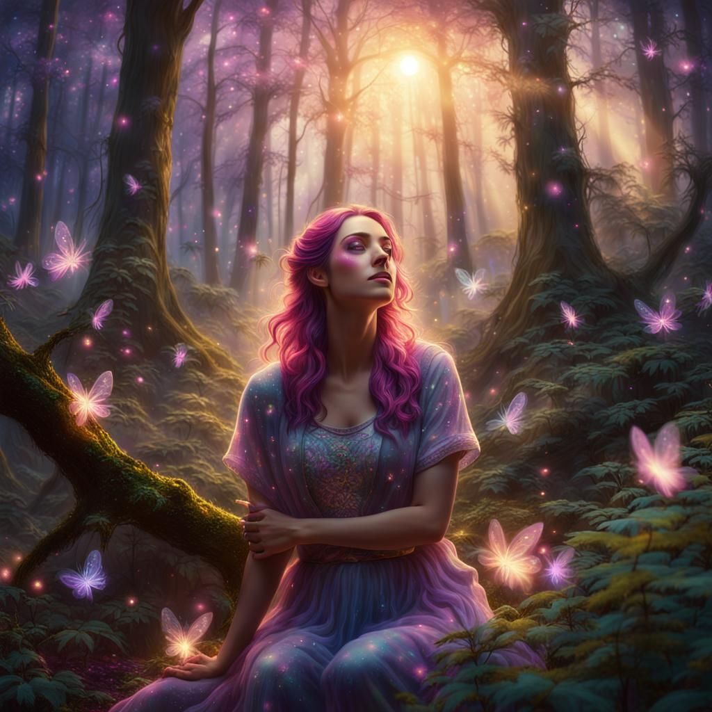 Mystical Forest Scene with Dreamlike Hallucinations