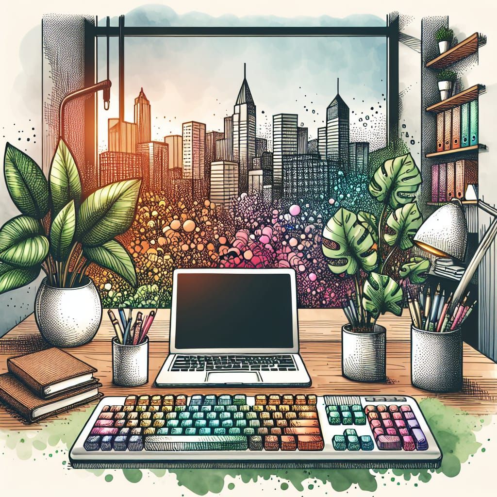 Whimsical Keyboard Illustration in Colored Ink Style